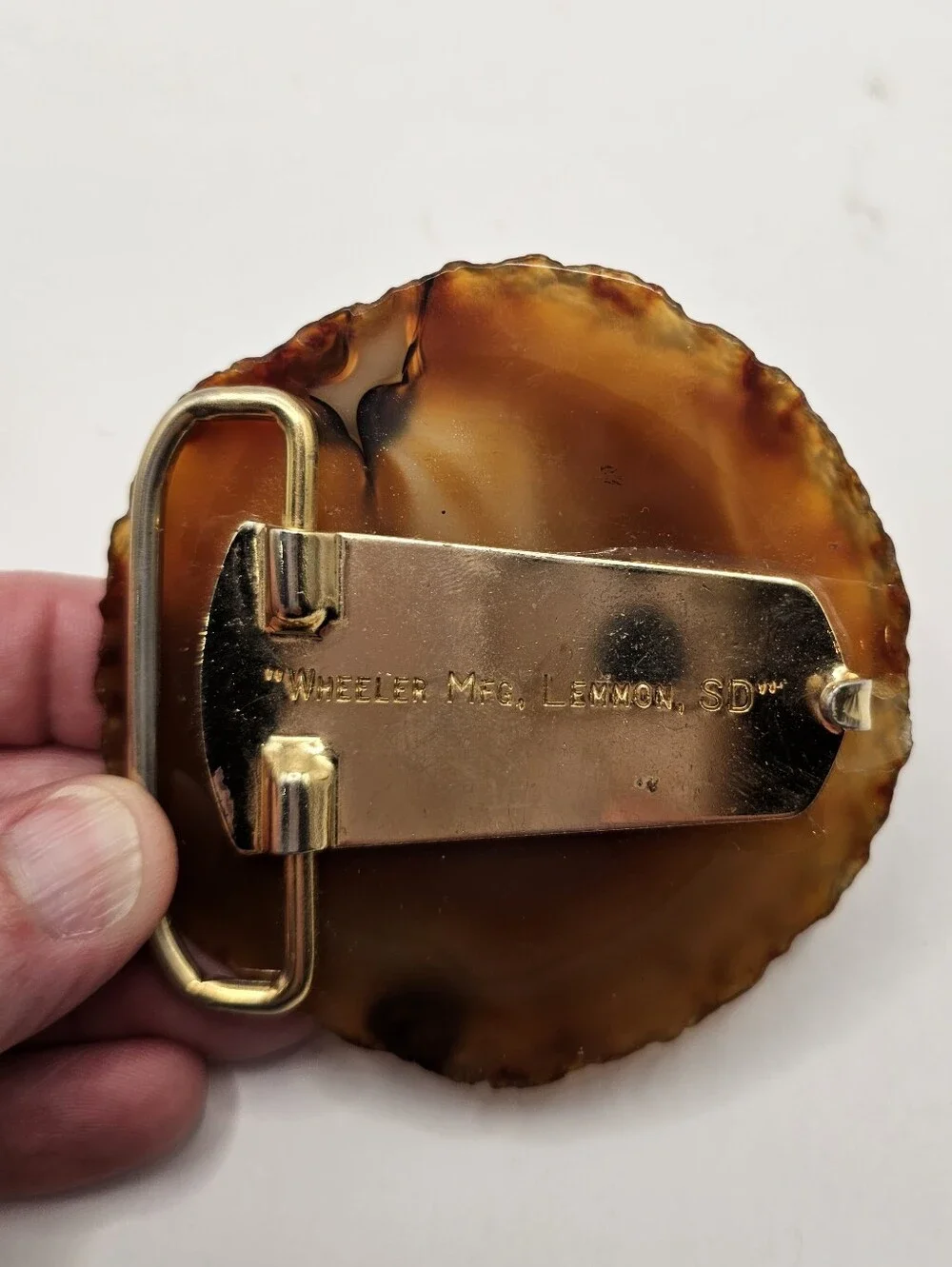 Vtg. Wheeler MFG Amber Montana Agate Belt Buckle
